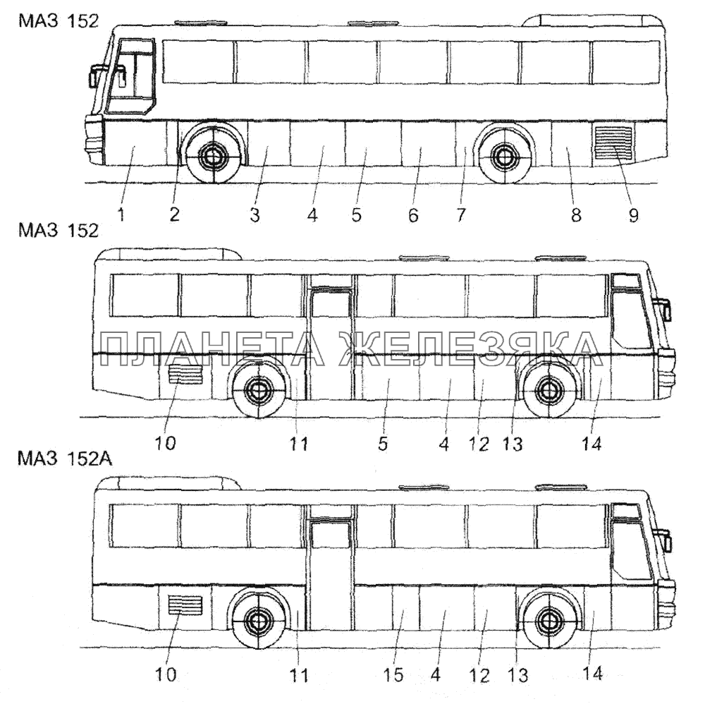 Расположение крышек и решеток на кузове МАЗ 152 и МАЗ 152А МАЗ-104